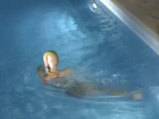 Two Wet Encased Shiny Pantyhose sexually aroused Lesbians Playing In Pool - Nylon Mask