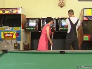 Hairy granny fucked on the pool table