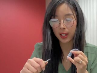 Charming Asian Medical Student in Glasses and Natural Pussy Fucks Her Tutor and gets Creampied